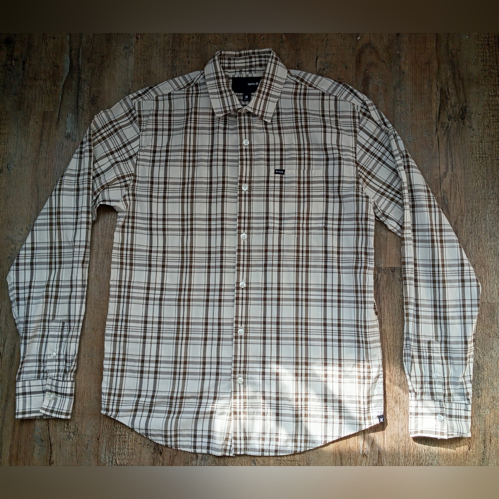 Hurley Brown & Cream Plaid Button Down Shirt Size Medium